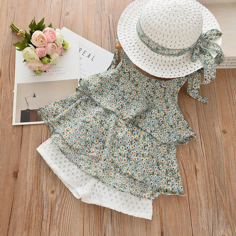 Bear Leader Girls Clothing Sets 2019 Summer Kids Clothes Floral Chiffon Halter+Embroidered Shorts Straw Children Clothing
