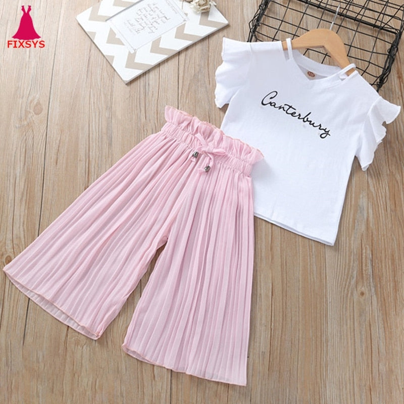 Summer 2019 Girls Clothing Sets Kids T-shirt +Wide Leg Pants Suits Children Short Sleeve Baby Girl Clothes 5 6 7 8 9 10 12 Years