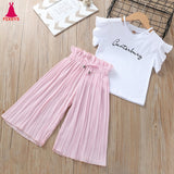 Summer 2019 Girls Clothing Sets Kids T-shirt +Wide Leg Pants Suits Children Short Sleeve Baby Girl Clothes 5 6 7 8 9 10 12 Years