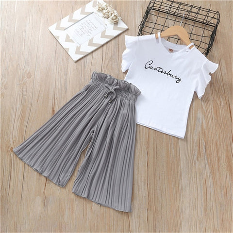 Summer 2019 Girls Clothing Sets Kids T-shirt +Wide Leg Pants Suits Children Short Sleeve Baby Girl Clothes 5 6 7 8 9 10 12 Years