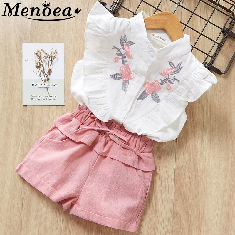 Menoea Girls Suits 2019 Summer Style Kids Beautiful Floral Flower Sleeve Children O-neck Clothing Shorts Suit 2Pcs Clothes