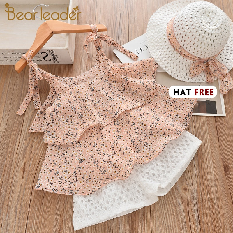 Bear Leader Girls Clothing Sets 2019 Summer Kids Clothes Floral Chiffon Halter+Embroidered Shorts Straw Children Clothing