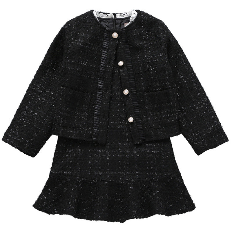 3 to 12 years kids & big girls pearled button fall winter jacket with long sleeve flare dress two pieces sets clothing set
