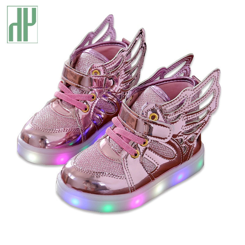 HH Children shoes with light Fashion baby glowing sneakers boys little girls shoes wings canvas flats spring kids light up shoes