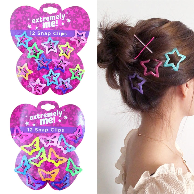 Beautiful Kids Pentagram Hair Clips Glitter BB Clips Buterfly Colors 12PCS/Set Children Asymptotic color Candy Color Star Girls