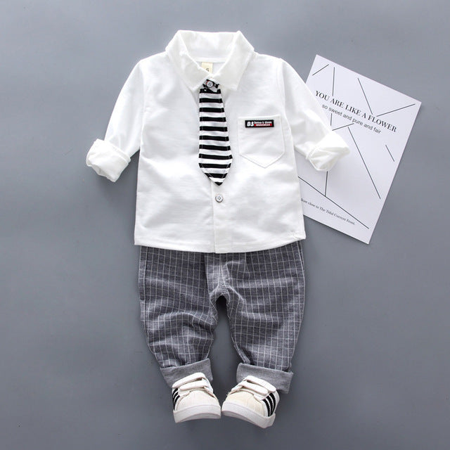 2019 New Spring Baby Boys Clothing Formal Infant Gentleman Tie Shirt Pants 2Pcs/Sets Kids Clothess Cotton Children Leisure Suits