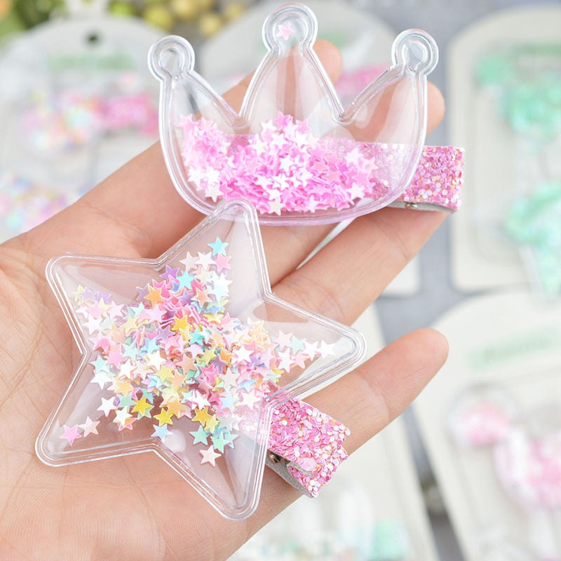 New transparent PU with colorful Sequin Star Kids hair clips kids stars lovely crown hairpin girls hair accessories
